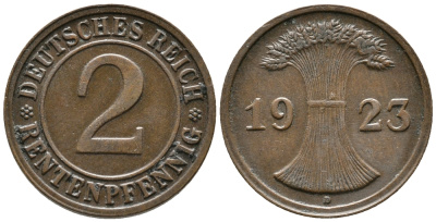 ГЕРМАНИЯ 2 РЕНТЕНПФЕННИГА 1923 D KM 31, J. 307 бронза 24-442