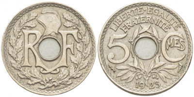 ФРАНЦИЯ 5 САНТИМОВ 1923 tb, ТИП ЛИНДАЙЁ, МОНЕТНЫЙ ДВОР ПУАССИ, МОЛНИЯ KM 875, LE FRANC 122.7 медно-никель 3309-1013