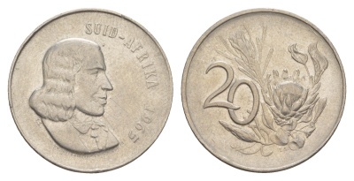 ЮАР 20 центов 1965 Ян ван Рибек (1619-1677), Suid Africa, легенда на африкаанс, цветок протея KM 69.2 никель 4603-933