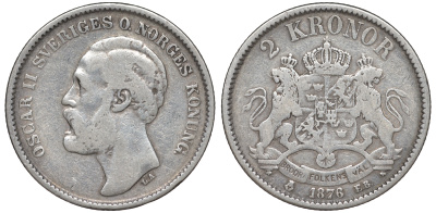 Швеция 2 кроны 1876 EB, Оскар II (1872-1907) король Швеции и Норвегии, ширина даты 5 мм KM 742 серебро 4178-833