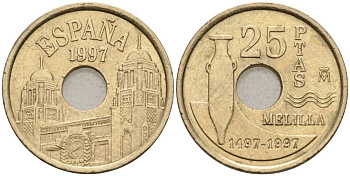 Испания 25 песет 1997 Мелилья (Melilla), Хуан Карлос I (1975-2014) KM 983 латунь 192-436