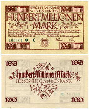 ДАРМШТАДТ, ГЕРМАНИЯ 100000000 МАРОК (100 МИЛЛИОНОВ МАРОК) 1923 1 СЕНТЯБРЯ 1923, НОТГЕЛЬД, ЗЕМЛЯ ГЕССЕН, НОМЕР, СНЕЖИНКА, СЕРИЯ С, ЗЕЛЁНАЯ, HESSESCHE LANDESBANK Keller 956е бумага UNC (ПРЕСС) 8613-25-3-2