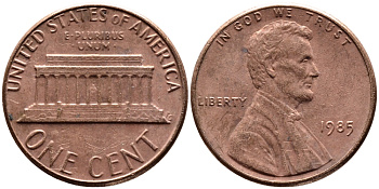 США 1 ЦЕНТ 1985 ЛИНКОЛЬН KM 201b цинк плакированный медью 4178-253
