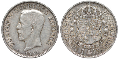 Швеция 1 крона 1933 G, Густав V (1907-1950) KM 786.2 серебро 4178-635