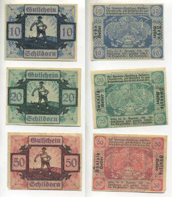 АВСТРИЯ НАБОР ИЗ 3 БАНКНОТ 1920 ДО 31 ДЕКАБРЯ 1920, НОТГЕЛЬД, 10, 20, 50 ГЕЛЛЕРОВ, SCHILDORN бумага XF 7217-8-1