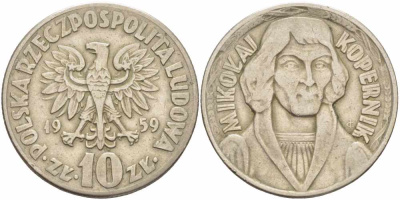 ПОЛЬША 10 ЗЛОТЫХ 1959 НИКОЛАЙ КОПЕРНИК KM 51 медно-никель 109-545