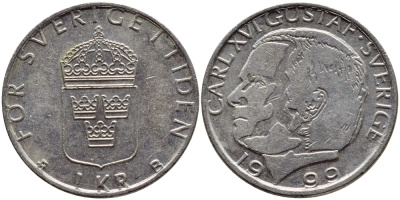 Швеция 1 крона 1999 Карл XVI Густав (1973- ) KM 852a медно-никель 89-655