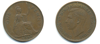 Великобритания 1 пенни 1946 Георг VI (1936-1952) KM 845, Spink 4114 бронза 89-225