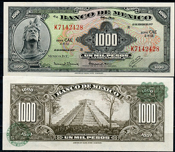 Мексика 1000 песо 1977 Куаутемок, Чичен-Ица Pick 52 t  бумага  UNC (пресс) 451-452-2