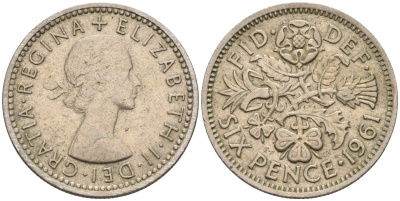 Великобритания 6 пенсов 1961 Елизавета II (1952-2022) KM 903, Spink 4149 медно-никель 4594-352