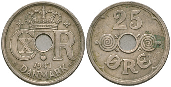 Дания 25 эре 1947 Кристиан X (1912-1947), редкий год KM 823.2 медно-никель 4635-836