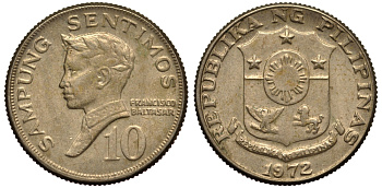 ФИЛИППИНЫ 10 СЕНТИМО 1972 ПОЭТ ФРАНСИСКО БАЛЬТАСАР KM 198 медь цинк никель F 4181-248