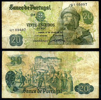 Португалия 20 эскудо 1971 27 июля 1971, Гарсия Де Орта, signatures: Jos? da Silva Lopes & Abel Ant?nio Pinto dos Reis Pick 173(3) бумага 7204-3-1-2