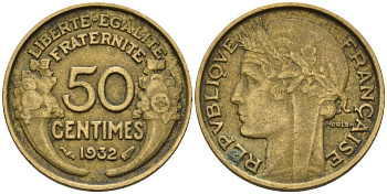 Франция 50 сантимов 1932 KM 894.1, Le Franc 192.15 алюминиевая бронза 4596-744