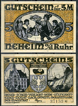 Германия, Нихайм на Руре 5 марок ND нотгельд, городские виды бумага UNC (пресс) 444-52-1-2