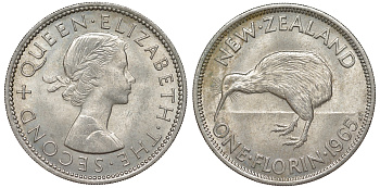 Новая Зеландия 1 флорин 1965 Елизавета II (1952-2022), птичка киви KM 28.2 медно-никель XF-UNC 51-717