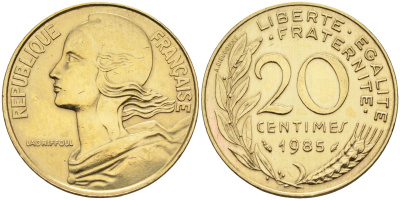 Франция 20 сантимов 1985 тип Marianne KM 930 медь алюминий никель    4177-126