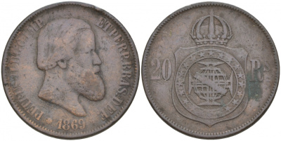 Бразилия 20 рейсов 1869 Педро II (1831-1889) KM 474 бронза 68-723