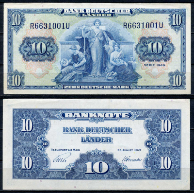 ФРГ 10 марок 1949 22 августа 1949, Франкфурт-на-Майне Pick 16 a, Розенберг 258  бумага  aUNC 451-557-1