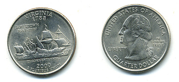 США 25 центов = квотер 2000 Р, серия штаты США, Вирджиния KM 309 медь плакированная медно-никелем 4388-811