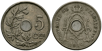 Бельгия 5 сантимов 1910 Belgique, Альберт I (1909-1934) KM 66 медно-никель 4173-433