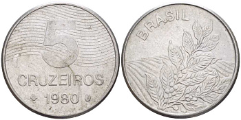 БРАЗИЛИЯ 5 КРУЗЕЙРО 1980 РЕФОРМА 1967-1985, КОФЕ KM 591 нержавеющая сталь 4385-454