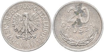 Польша 20 грошей 1961 MW KM А47, Parchimowicz 208b алюминий 106-431