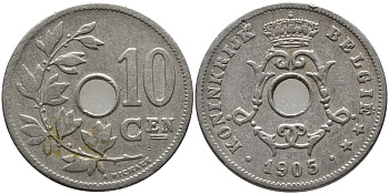 БЕЛЬГИЯ 10 САНТИМОВ 1905 BELGIE KM 53 медно-никель 4364-211