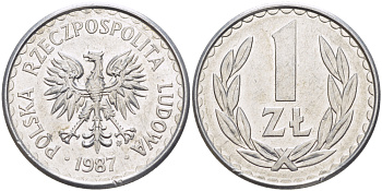 ПОЛЬША 1 ЗЛОТЫЙ 1987 MW KM 49.2, Parchimowicz 214b алюминий 216-844