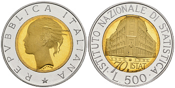 Италия 500 лир 1996 R, 70 лет Национальному институту статистики KM 181 биметалл PROOF 1099-3-75