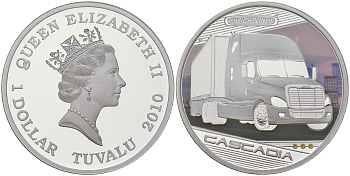 Тувалу 1 доллар 2010 серия грузовые автомобили, короли дорог, Freightliner Cascadia, цветная термопечать KM 140 серебро  PROOF  1091-5-54