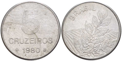 БРАЗИЛИЯ 5 КРУЗЕЙРО 1980 РЕФОРМА 1967-1985, КОФЕ KM 591 нержавеющая сталь 4385-454