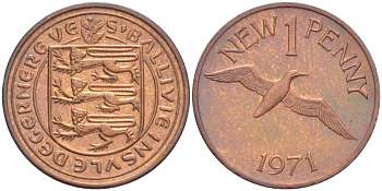 Гернси 1 пенни 1971 Елизавета II (1952-2022), северная олуша в полете KM 21 бронза UNC 4519-656