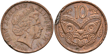 Новая Зеландия 10 центов 2006 маска Маори, Елизавета II (1952-) KM 117а сталь плакированная медью 210-1017