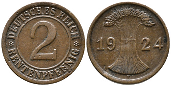 ГЕРМАНИЯ 2 РЕНТЕНПФЕННИГА 1924 F KM 31, J. 307 бронза 24-523