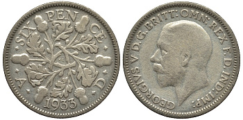 Великобритания 6 пенсов 1933 Георг V (1910-1936) KM 832, Spink 4041 серебро 4538-351