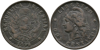 Аргентина 2 сентаво 1893 голова свободы влево KM 8 бронза 4531-1133