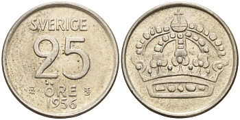 Швеция 25 эре 1956 TS, Густав VI Адольф (1950-1973) KM 824 серебро 4147-1051