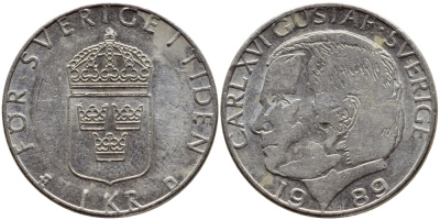 Швеция 1 крона 1989 Карл XVI Густав (1973- ) KM 852a медно-никель 4397-1252