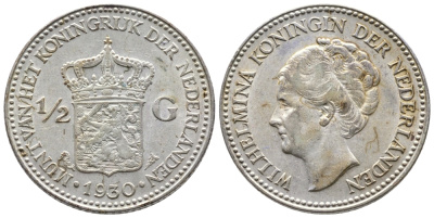 Нидерланды 1/2 гульдена 1930 Вильгельмина I (1890-1948) KM 160 серебро 177-813