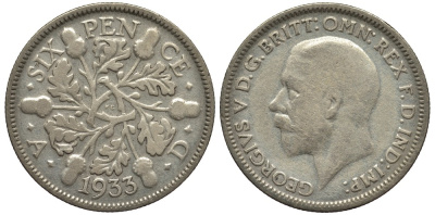 Великобритания 6 пенсов 1933 Георг V (1910-1936) KM 832, Spink 4041 серебро 4538-351