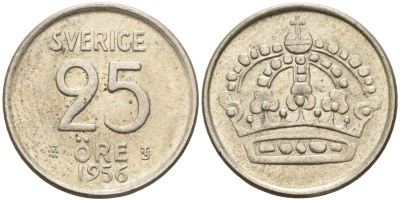 Швеция 25 эре 1956 TS, Густав VI Адольф (1950-1973) KM 824 серебро 4147-1051