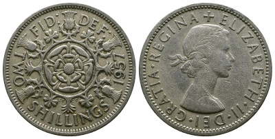 Великобритания 2 шиллинга (флорин) 1957 Елизавета II (1952-2022) KM 906, Spink 4146 медно-никель 4382-121