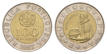Португалия 100 эскудо 1992 Педру Нуниш (1502-1578), математик KM 645 биметалл UNC 4566-311