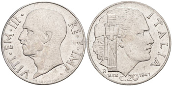 ИТАЛИЯ 20 ЧЕНТЕЗИМО 1941 R, ГОД XIX, ВИКТОР ЭММАНУИЛ III (1900-1946) KM 75b, VEM3. 1028 нержавеющая сталь 3853-555