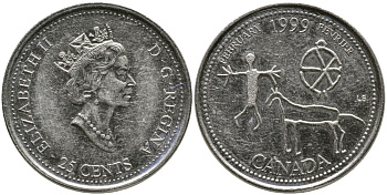 КАНАДА 25 ЦЕНТОВ 1999 СЕРИЯ МИЛЛЕНИУМ, ФЕВРАЛЬ, ЕЛИЗАВЕТА II (1952-), ТРЕТИЙ ПОРТРЕТ В КОРОНЕ KM 343 никель 4543-813