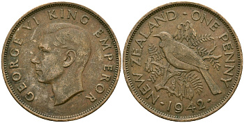 Новая Зеландия 1 пенни 1942 Георг VI (1936-1952), новозеландский туи KM 13 бронза 4165-1211