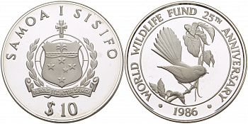 Самоа 10 тала 1986 25 лет WWF, самоанский куриный голубь KM 72 серебро PROOF 1068-5-62