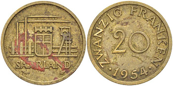 Саарланд 20 франков 1954 KM 2 алюминиевая бронза 259-415