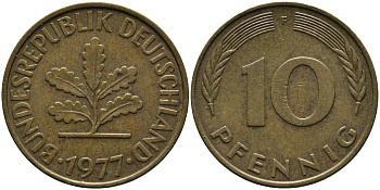ФРГ 10 ПФЕННИГОВ 1977 F KM 108, J.383 сталь плакированная латунью 33-134